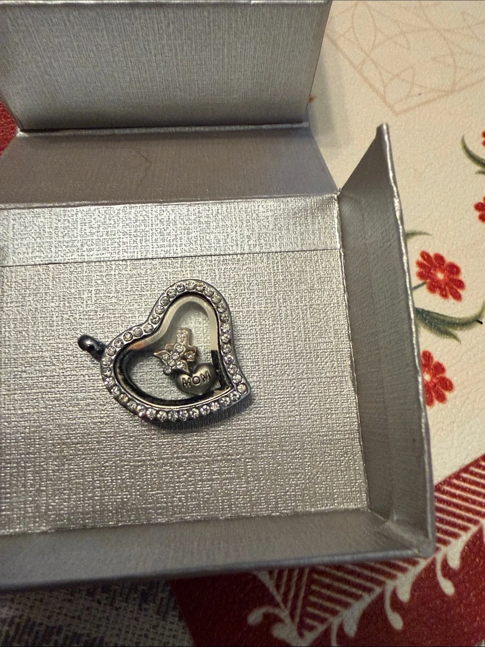 Silver Heart Locket Pendant Necklace with Crystal Border - Unbranded